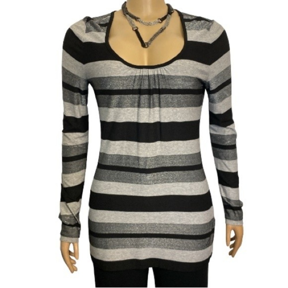 Three Dots Top tunic striped gray black metallic long lined size S